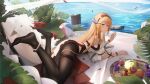  1girl anklet apple arknights ball beachball bead_anklet black_pantyhose blonde_hair blue_eyes cherry cup day dragon_girl dragon_horns drinking_glass feet_up food fruit grapes highres horns jewelry leaf ling_dianxia log long_hair looking_at_viewer orange_(fruit) outdoors pantyhose saileach_(arknights) saileach_(summer_flowers)_(arknights) solo very_long_hair water wine_glass 