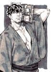  1boy bara book cigarette facial_hair holding holding_book japanese_clothes jitome kimono large_pectorals long_sideburns looking_at_viewer male_focus mature_male monochrome muni_(fdrk) muscular muscular_male original pectoral_cleavage pectorals short_hair sideburns solo stubble thick_eyebrows upper_body 