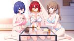  3girls amane_(senran_kagura) barefoot bedroom blue_eyes blush breasts brown_hair cake cleavage drink food fork glass hair_ornament hairband hairclip highres kageira kureha_(senran_kagura) large_breasts minori_(senran_kagura) multicolored_hair multiple_girls navel open_mouth orange_eyes orange_hair panties red_eyes red_hair senran_kagura sleepover smile striped striped_panties twintails underwear 