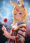  1girl animal_ears blonde_hair candy fireworks food fox_ears fox_girl from_side hair_between_eyes highres holding holding_candy holding_food hololive japanese_clothes katuko_deluxe kimono long_hair multicolored_hair omaru_polka pink_hair purple_eyes smile solo streaked_hair upper_body virtual_youtuber yukata 