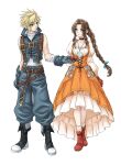  aerith_gainsborough belt belt_buckle black_choker blonde_hair blue_eyes blue_ribbon braid braided_ponytail brown_belt brown_hair buckle choker cloud_strife collared_shirt crossover dress final_fantasy final_fantasy_ix final_fantasy_vii final_fantasy_vii_remake garnet_til_alexandros_xvii gloves green_eyes hair_ribbon highres holding_hands jewelry light_smile looking_at_another multiple_belts orange_dress oto_nagi pendant ribbon shirt spiked_hair turtleneck zidane_tribal 