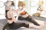  2girls absurdres arknights bare_shoulders barefoot black_pants brown_hair cmdr_saturn commentary_request grey_hair highres horns leggings mirror muelsyse_(arknights) multiple_girls one_eye_closed pants parted_lips pointy_ears reflection saria_(arknights) sports_bra tail thighs 