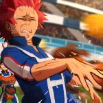  2boys blonde_hair blurry blurry_background boku_no_hero_academia clenched_teeth grass hagakure_tooru highres invisible khyle. kirishima_eijirou male_focus midoriya_izuku multiple_boys no_panties orange_shirt orange_skirt red_hair running shaking sharp_teeth shirt shoes short_hair skirt smile spiked_hair teeth u.a._gym_uniform upper_body uraraka_ochako wavy_mouth 