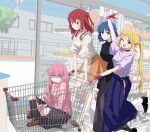  4girls absurdres ahoge black_footwear black_shirt black_skirt blonde_hair blue_eyes blue_hair blue_skirt bocchi_the_rock! brown_footwear chromatic_aberration commentary cube_hair_ornament gloom_(expression) gotoh_hitori green_eyes hair_ornament highres ijichi_nijika in_shopping_cart inkspirate jacket kita_ikuyo long_hair multiple_girls one_eye_closed orange_skirt pink_hair pink_jacket red_eyes red_hair shaded_face shirt shopping_cart short_hair side_ponytail skirt smile socks v white_socks yamada_ryo yellow_eyes 