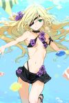  1girl absurdres arm_strap bikini bikini_skirt black_bikini black_choker black_footwear blonde_hair breasts choker eyepatch fish floating_hair flower green_eyes haimura_kiyotaka hair_flower hair_ornament highres long_hair looking_at_viewer navel official_alternate_costume othinus parted_lips purple_flower sandals small_breasts solo swimsuit toaru_majutsu_no_index toaru_majutsu_no_index:_new_testament underwater 