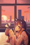  1girl blue_eyes cityscape coffee_mug cup elun_(elun_00) grey_sweater highres holding holding_cup hololive hololive_english long_hair looking_at_viewer mug ninomae_ina&#039;nis open_mouth pointy_ears purple_eyes sidelocks solo sun sunset sweater takodachi_(ninomae_ina&#039;nis) tentacle_hair virtual_youtuber 