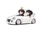  2girls banana_peel black_dress black_hair blue_eyes blue_hair blush car chibi closed_mouth commentary_request convertible demon_girl demon_horns demon_tail dress driving fang highres horns looking_at_another medium_bangs medium_hair motor_vehicle multicolored_hair multiple_girls nanashi_inc. official_alternate_costume open_mouth pointy_ears red_eyes red_hair ryugasaki_rene ryugasaki_rene_(3rd_costume) shishio_chris shishio_chris_(3rd_costume) short_hair short_sleeves signature simple_background smile tail two-tone_hair upper_body virtual_youtuber white_background zono_(inokura_syuzo029) 