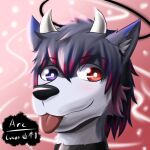  1:1 anthro arc_rose bust_portrait canid canine canis collar digital_drawing_(artwork) digital_media_(artwork) halo headshot_portrait heterochromia horn looking_at_viewer male mammal portrait tongue tongue_out wolf 