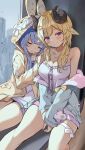  2girls animal_ears animal_hood bare_shoulders blonde_hair blue_hair blush breasts highres hololive hood hood_up hooded_jacket horns jacket leaning_on_person long_hair medium_breasts multiple_girls off_shoulder open_clothes open_jacket orobou parted_lips rabbit_hood sheep_ears sheep_horns shirt sitting sleeping smile thick_eyebrows tsunomaki_watame tsunomaki_watame_(5th_costume) twintails usada_pekora v_arms virtual_youtuber white_shirt 