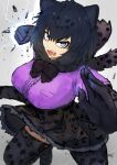  1girl absurdres adeshi_(adeshi0693119) animal_ears belt black_hair black_jaguar_(kemono_friends) blue_eyes bow bowtie elbow_gloves extra_ears gloves grey_background highres jaguar_ears jaguar_girl jaguar_print jaguar_tail kemono_friends kneehighs looking_at_viewer shirt shoes short_hair simple_background skirt socks solo tail 