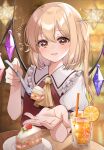  1girl absurdres ascot blonde_hair blush cake collared_shirt crystal cup drink drinking_glass drinking_straw fingernails flandre_scarlet food fork frilled_shirt_collar frills fruit hair_between_eyes haruki_(colorful_macaron) heart highres holding holding_fork long_hair one_side_up open_mouth orange_(fruit) orange_slice red_eyes red_vest shirt smile solo touhou vest white_shirt wings yellow_ascot 