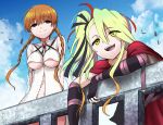  2girls against_railing akaimato bird blonde_hair blue_sky braid breasts brooch capelet clothing_cutout cloud deathpolca demonsroots dress empty_eyes fingerless_gloves gem gloves hair_ribbon jewelry lily_killer multiple_girls navel_cutout outdoors railing red_hair ribbon sky smile twin_braids twintails underboob yellow_eyes 