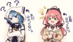  2girls ahoge animal_hat animal_hood beret black_choker black_headwear black_serafuku blue_eyes blue_hair blush brown_cardigan cardigan cat_hat cat_hood choker green_eyes hair_ornament hairclip hat highres hololive hood hooded_jacket hoshimachi_suisei hoshimachi_suisei_(4th_costume) jacket long_hair long_sleeves low_twintails multiple_girls official_alternate_costume official_alternate_hairstyle open_mouth pink_hair sakura_miko sakura_miko_(3rd_costume) school_uniform serafuku shirt smile tonton_(tonz159) translation_request twintails virtual_youtuber white_jacket white_shirt 