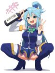 1girl aqua_(konosuba) arm_up ass bare_shoulders blue_eyes blue_hair blue_skirt blue_thighhighs blush boots bottle bow bowtie breasts detached_sleeves drooling gem green_bow green_bowtie hair_between_eyes hair_ornament hair_rings hand_up high_heels holding holding_bottle kono_subarashii_sekai_ni_shukufuku_wo! large_breasts long_hair miniskirt open_mouth salpin simple_background skirt smile solo squatting thighhighs v white_background white_sleeves white_thighhighs 