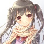  1girl black_hair blush bow bowtie brown_eyes hair_tie ibuki_ena jacket long_hair looking_at_viewer original plaid plaid_scarf scarf school_uniform smile snowing solo sweater twintails upper_body 