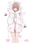  1boy @_@ androgynous blush cherry coat earmuffs flaccid food fruit fur_collar highres light_brown_hair long_sleeves looking_at_viewer male_focus nagano_rira naked_coat navel original otoko_no_ko penis purple_eyes short_hair small_penis small_testicles testicles winter_clothes winter_coat 