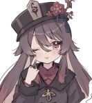  1girl ;p armlet black_headwear black_nails blush brown_eyes brown_hair collared_coat flower genshin_impact hair_between_eyes hat hat_flower hat_tassel highres hu_tao_(genshin_impact) jewelry long_hair long_sleeves looking_at_viewer multiple_rings one_eye_closed ring roku_6 solo tongue tongue_out twintails white_background 