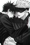  2boys blindfold blush clothes_lift full-face_blush fushiguro_megumi fushirun_rung gojou_satoru highres jacket jujutsu_kaisen korean_commentary long_sleeves male_focus monochrome multiple_boys open_mouth pants short_hair spiked_hair sweat teeth yaoi 