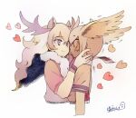  2girls animal_ears antlers bird_wings blush bt_(shio_oninko) closed_mouth cropped_arms cropped_torso extra_ears eye_contact face-to-face fur_scarf hair_between_eyes head_wings heart imminent_kiss kemono_friends layered_sleeves long_hair long_sleeves looking_at_another moose_(kemono_friends) moose_ears multiple_girls parted_bangs scarf shirt shoebill_(kemono_friends) short_over_long_sleeves short_sleeves simple_background smile sweater white_background wings yuri 