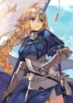 1girl absurdres alwaysregg armor armored_dress blonde_hair blue_capelet blue_dress blue_eyes blue_sky braid braided_ponytail capelet chain commentary_request dress fate/apocrypha fate/grand_order fate_(series) flag floating_hair gauntlets grin headpiece highres holding holding_flag holding_polearm holding_weapon jeanne_d&#039;arc_(fate) jeanne_d&#039;arc_(ruler)_(fate) long_hair looking_to_the_side pelvic_curtain plackart polearm sky smile solo very_long_hair weapon white_flag 