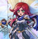  1boy 1girl 3others :o ambiguous_gender black_bodysuit blue_background blue_scarf blush bodysuit boobplate breasts brown_hair covered_navel cowboy_shot garen_(league_of_legends) green_eyes holding holding_sword holding_weapon katarina_(league_of_legends) league_of_legends long_hair looking_at_viewer multicolored_background multiple_others orange_background phantom_ix_row red_hair scarf shiny_clothes short_hair shoulder_plates small_breasts solo_focus sweatdrop sword teeth upper_teeth_only weapon 