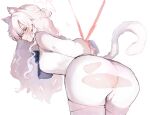 1girl akira_(blue_archive) animal_ear_fluff animal_ears ass blue_archive blush breasts cat_ears cat_tail closed_mouth cowboy_shot highres inusaka large_breasts long_hair looking_at_viewer looking_back pants red_eyes restrained shirt solo tail torn_clothes torn_pants white_hair white_pants white_shirt 