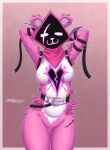  absurd_res anthro artist_logo artist_name bear clothing cuddly_(fortnite) epic_games eye_scar facial_scar female fortnite fur glowing glowing_eyes hands_behind_head harness hi_res hood logo mammal nipple_outline pink_body pink_clothing pink_fur raven_team_leader royzaff9o7o scar scruffy shadow_face stitch_(sewing) 