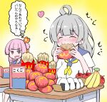  2girls ahoge apple banana blue_sailor_collar blunt_bangs blush book brand_name_imitation burger closed_eyes commentary desk eating eating_during_class fang food french_fries fruit furrowed_brow grey_hair hair_ribbon happy heart holding holding_food kizuna_akari kotonoha_akane long_hair looking_at_another multiple_girls neckerchief onigiri open_book open_mouth pile pink_hair red_ribbon ribbon sailor_collar school_uniform shirt short_sleeves sitting skin_fang thought_bubble translated tukasawamura vocaloid voiceroid wcdonalds white_shirt yellow_background yellow_neckerchief 