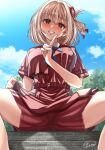  1girl absurdres belt blonde_hair blue_ribbon blue_sky blush bob_cut clothes_lift cloud collared_shirt day dress dress_lift grey_dress grin hair_ribbon highres lifted_by_self lycoris_recoil lycoris_uniform neck_ribbon nishikigi_chisato outdoors pleated_dress red_belt red_dress red_eyes red_ribbon red_shorts ribbon shirt short_hair short_sleeves shorts sitting sky smile solo teeth two-tone_dress white_shirt yomo 