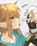  1boy absurdres black_gloves blonde_hair blue_eyes earrings fingerless_gloves flask gloves highres jewelry link male_focus medium_hair open_mouth pointy_ears potion round-bottom_flask shanodesu solo the_legend_of_zelda the_legend_of_zelda:_breath_of_the_wild tongue tongue_out 