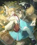  1girl absurdres animal_ear_fluff animal_ears arknights bag basket black_cat black_footwear blonde_hair blue_hairband blue_skirt bobby_socks brown_bag cardigan cat chinese_commentary colored_tips commentary cross-laced_clothes cross-laced_skirt cross-laced_slit crossover fang fox_ears fox_girl fox_tail frilled_hairband frills green_eyes hair_ornament hair_scrunchie hairband heixiu highres kitsune kyaichiko kyuubi long_hair long_sleeves luo_xiaohei luo_xiaohei_zhanji lying mary_janes multicolored_hair multiple_tails neck_ribbon official_alternate_costume on_back on_grass open_cardigan open_clothes open_mouth outdoors puffy_long_sleeves puffy_sleeves red_ribbon ribbon round_bag scrunchie shirt shoes shoulder_bag skirt socks suzuran_(arknights) suzuran_(spring_praise)_(arknights) tail two-tone_hair white_hair white_shirt white_socks yellow_cardigan 