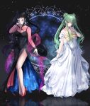  2girls absurdres alternate_costume alternate_hairstyle arm_at_side bishoujo_senshi_sailor_moon black_background black_dress black_hair black_lady blunt_bangs bracelet breasts budgiepon c.c. cleavage code_geass cone_hair_bun double_bun dress dress_tug earrings full_body green_hair hair_between_eyes hair_bun hand_up high_heels highres hip_vent jewelry large_breasts legs light_particles lipstick long_dress long_hair long_sleeves looking_at_viewer makeup marianne_vi_britannia multiple_girls nose parted_lips pink_shirt purple_eyes red_footwear reflective_floor sailor_moon shirt sidelocks simple_background sleeveless sleeveless_dress smile snowflake_background sparkle straight_hair strapless strapless_dress twintails very_long_hair wavy_hair white_dress yellow_eyes 