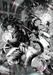  2boys body_fur closed_mouth commentary_request dragon_ball dragon_ball_gt dragon_ball_z energy_ball gogeta greyscale highres long_hair looking_at_viewer male_focus monkey_tail monochrome mugetsu2501 multiple_boys muscular muscular_male pants smile super_saiyan super_saiyan_4 tail 