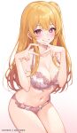  1girl bare_arms bare_shoulders blonde_hair blush bra breasts cleavage collarbone gradient_background grin highres hoshino_ruby large_breasts long_hair looking_at_viewer machi_(7769) mismatched_pupils navel oshi_no_ko panties parted_lips pink_eyes side_ponytail sidelocks simple_background smile solo stomach teeth thighs underwear 