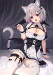  1girl :d absurdres animal_ear_fluff animal_ears arm_support bat_wings breasts cat_ears cat_girl cat_tail cleavage colored_inner_hair commentary_request ear_piercing fang garter_straps grey_hair hair_ornament heart heart_hair_ornament highres hinata_(user_rjkt4745) jewelry large_breasts looking_at_viewer low_wings maid multicolored_hair nail_polish open_mouth original piercing pink_nails red_eyes ring short_hair sitting skin_fang smile solo tail thighhighs thighs two-tone_hair white_thighhighs wings wrist_cuffs 