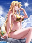  1girl bare_arms bare_legs bikini blonde_hair bracelet breasts cloud day fate_testarossa figner_to_mouth hair_between_eyes highres jewelry large_breasts long_hair lyrical_nanoha mahou_shoujo_lyrical_nanoha_strikers navel outdoors red_eyes sideboob sitting solo sougetsu_izuki straight_hair sun swimsuit very_long_hair yellow_bikini 