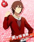  1boy ahoge amagase_touma belt brown_eyes brown_hair buttons card_(medium) character_name clenched_hand hair_between_eyes hand_on_own_hip idolmaster idolmaster_side-m long_sleeves looking_at_viewer male_focus official_art pink_background red_shirt shirt smile solo 