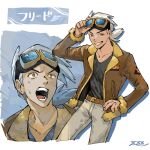  1boy adjusting_goggles arm_up belt belt_buckle brown_belt brown_jacket buckle character_name collarbone commentary_request friede_(pokemon) fur-trimmed_jacket fur_trim grin hand_on_own_hip jacket long_hair long_sleeves male_focus multiple_views oyasuminjyutsu pants pokemon pokemon_(anime) pokemon_horizons rain shirt signature smile teeth wet yellow_eyes 