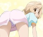  1girl ass character_request haruyama_kazunori looking_at_viewer looking_back open_mouth panties short_hair simple_background skirt solo underwear white_background white_panties 