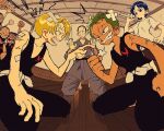  1girl 6+boys aged_down anger_vein angry bandaid bandaid_on_face black_eyes blonde_hair blue_hair clenched_hand closed_eyes curly_eyebrows family father_and_daughter glasses green_hair holding holding_weapon katana koushirou_(one_piece) kuina multiple_boys one_piece open_mouth roronoa_zoro runa_(nori31291404) sanji_(one_piece) short_hair sitting smile sword teeth time_paradox weapon 