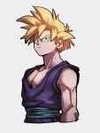  1boy blonde_hair blue_sash closed_mouth dougi dragon_ball dragon_ball_z green_eyes grey_background kemachiku male_focus sash simple_background solo son_gohan spiked_hair super_saiyan super_saiyan_1 upper_body 