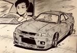  1boy absurdres car commentary_request datsan driving hatching_(texture) highres male_focus marker_(medium) monochrome motor_vehicle nijisanji smile solo spoiler_(automobile) traditional_media virtual_youtuber yashiro_kizuku 