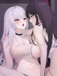  2girls absurdres after_kiss black_hair blush breasts choker cleavage commission copyright_request highres jupo large_breasts long_hair multiple_girls navel purple_eyes red_eyes saliva saliva_trail see-through wet white_hair yuri 