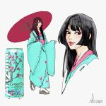 1girl absurdres arizona_(drink) black_hair blue_kimono can commentary english_commentary floral_print floral_print_kimono full_body geta highres hime_cut holding holding_umbrella japanese_clothes kimono looking_at_viewer looking_to_the_side multiple_views obi original personification product_placement sash signature sillvi simple_background umbrella walking white_background 