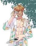  1boy cellphone closed_eyes coat collarbone fate/grand_order fate_(series) highres holding holding_phone holding_tongs male_focus male_swimwear one_eye_covered open_clothes open_coat open_mouth orange_hair pectorals phone robin_hood_(fate) robin_hood_(summer_hunter)_(fate) short_hair sleeves_past_elbows smartphone solo swim_trunks tongs twitter_username upper_body white_background yew_(rainyroof) 