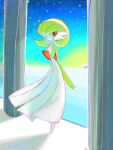  1girl absurdres ame_(metorui) arms_behind_back backlighting blue_sky bob_cut closed_mouth colored_skin commentary_request flat_chest full_body gardevoir gradient_sky green_hair green_skin hair_over_one_eye happy highres horizon looking_at_viewer multicolored_skin one_eye_covered pillar pokemon pokemon_(creature) red_eyes short_hair sky smile solo standing sun sunset two-tone_skin white_skin 