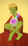  ambiguous_gender barefoot blonde_hair clothed clothing drawfee_(copyright) drawtectives ear_piercing feet fully_clothed green_body green_skin gyorik_rogdul hair hi_res humanoid jewelry necklace not_furry orc piercing plushie poporo_1102 solo young 