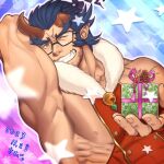  1boy armpits bara bare_shoulders beard_stubble bell blue_hair broken_horn dark_blue_hair fang fur_collar gift glasses grin holding holding_gift horns jingle_bell male_focus muscular muscular_male official_alternate_costume one_eye_closed oni oni_horns pinecone pointy_ears presenting_armpit sabita_kan santa_costume shirt sideburns smile star_(symbol) takemaru_(housamo) tight_clothes tight_shirt tokyo_afterschool_summoners upper_body 
