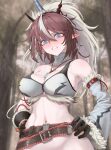  1girl absurdres arknights bare_shoulders belt black_belt black_gloves blue_eyes blush breasts brown_hair choker cleavage clenched_teeth commentary detached_sleeves forest fur-trimmed_sleeves fur_trim gloves head_tilt highres horns jewelry kirin_r_yato_(arknights) large_breasts long_hair long_sleeves looking_at_viewer mildt monster_hunter_(series) nature navel out-of-frame_censoring outdoors pendant pointy_ears single_sleeve solo stomach teeth upper_body white_choker yato_(arknights) 