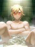  2boys abs bath bathing blonde_hair blush closed_mouth crossed_arms genshin_impact hair_between_eyes highres kaveh_(genshin_impact) male_focus mn multiple_boys muscular muscular_male nude red_eyes towel towel_on_head yaoi 